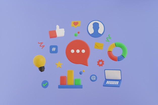 3D speech bubble surrounded by social media elements. Concept of verbal communication skills
