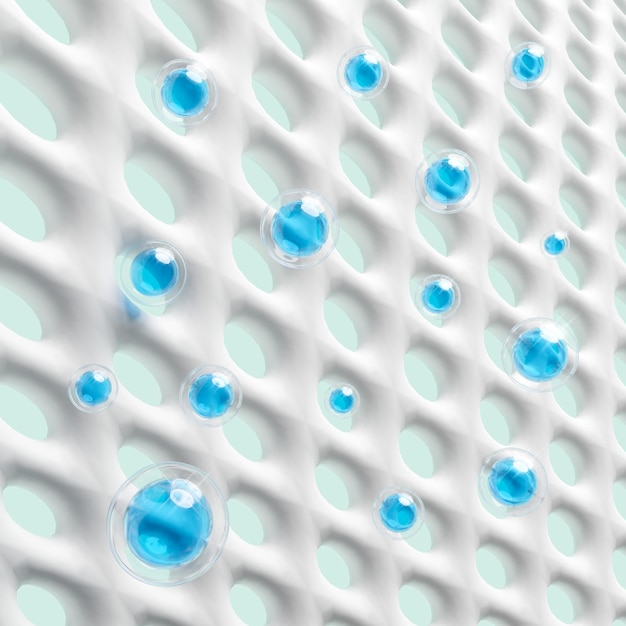 3d synthetic fiber absorbent with sanitary napkin ventilate shows water droplets for diapers baby diaper adult concept liquid detergent washing powder 3d render illustration