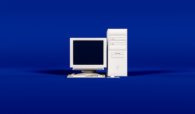 3d Vintage Computer on Blue Background with Empty Space