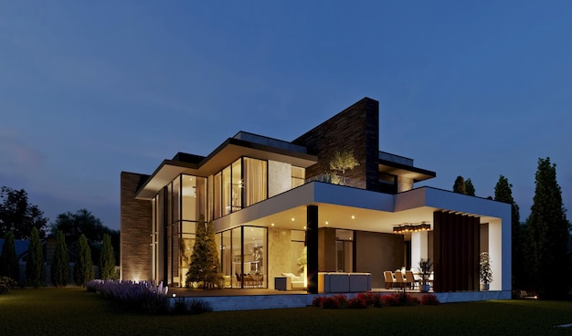 3D visualization of the house with evening illumination. House at night. beautiful lighting