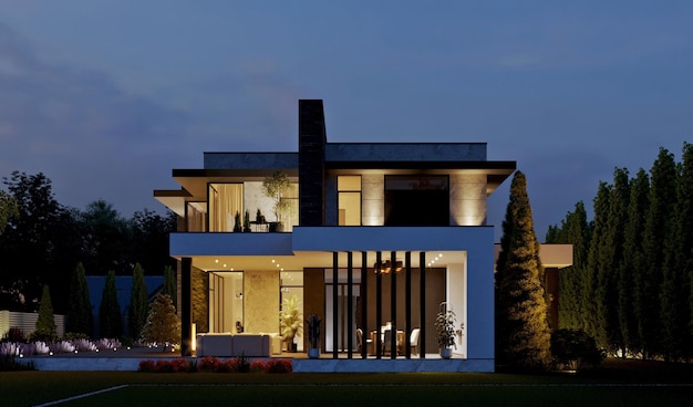 3D visualization of the house with evening illumination. House at night. beautiful lighting