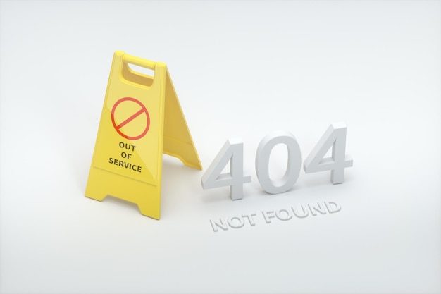 404 error page with yellow floor sign aside 3d rendering