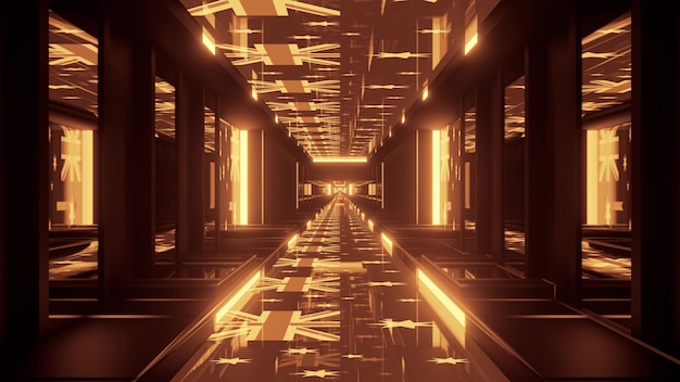 4K UHD 3D illustration of flags of Australia and golden neon lamps shining inside geometric corridor