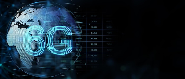 6g symbol on digital world map background with computer software programming on dark background with blank space global internet connection and new generation network concept 3D rendering mock up