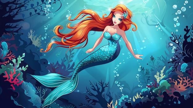 A beautiful mermaid with long red hair swims through the ocean