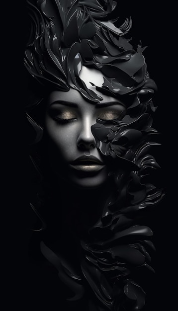 a black and white image of a woman's face with a black background and a black background with a white face.
