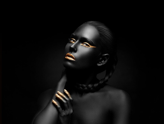 a black woman with gold painted eyes and a black background with gold bracelets
