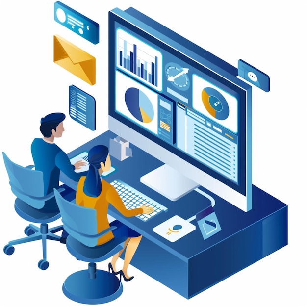 a blue and white image of people working at a computer with charts on the screen