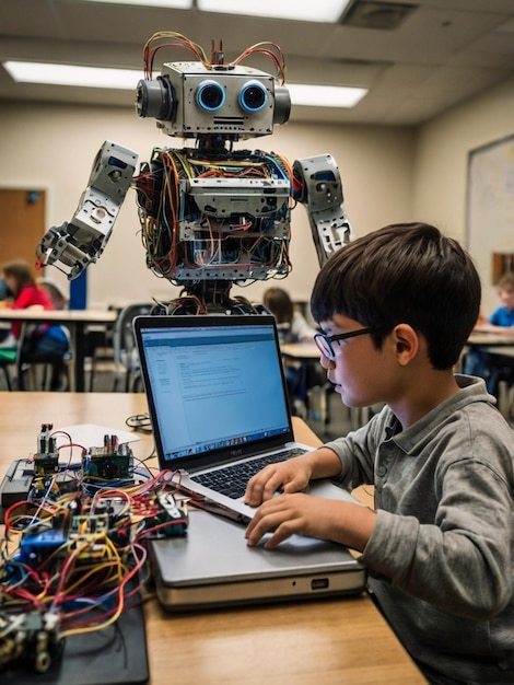 a boy is using a laptop with a computer screen showing a message that says quot a robot quot