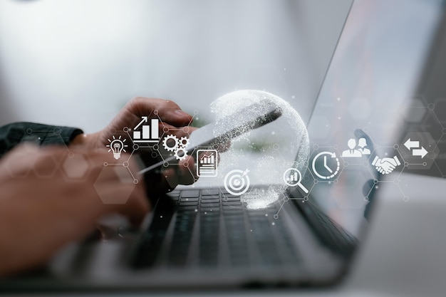 A businessman uses a smartphone while on the go A few instances of business worldwide internet connection application technology and digital marketing include financial and banking