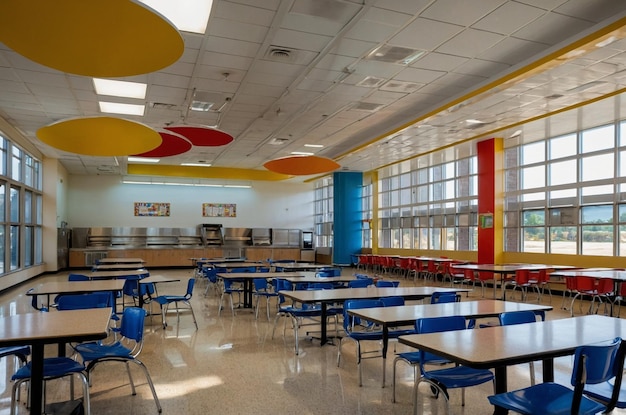 a cafeteria with tables chairs and tables with umbrellas