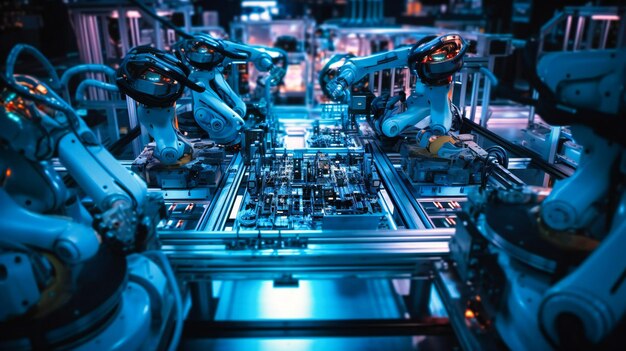 A captivating image of advanced robots working harmoniously on an assembly line optimizing productivity and precision