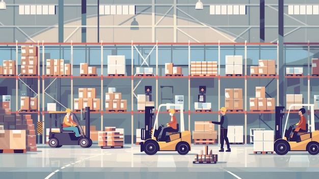 a cartoon illustration of a worker in a warehouse with boxes on the wall