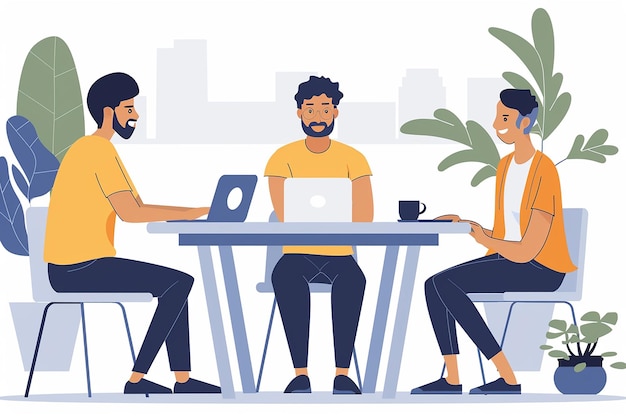 a cartoon of people at a table with a laptop and a coffee cup