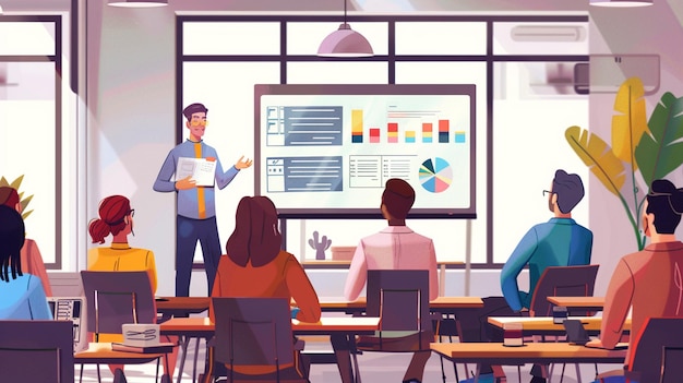 a cartoon of people in a classroom with a presentation on the screen