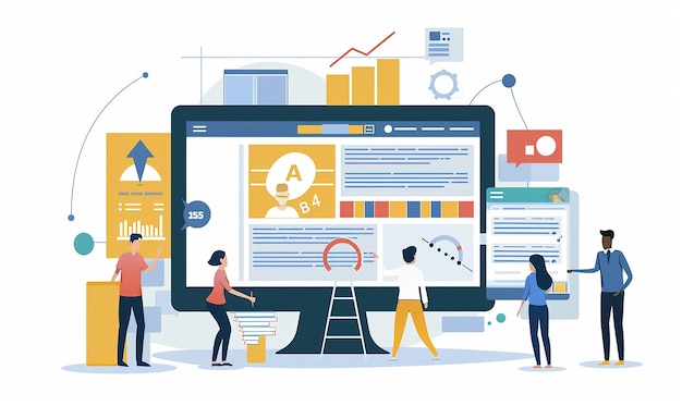 a cartoon of people working on a computer screen