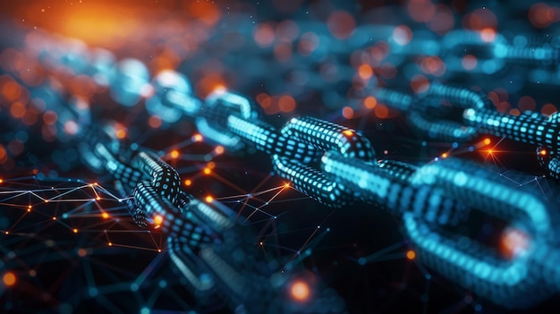 A chain of blue and orange links The chain is made up of many small links The links are connected to