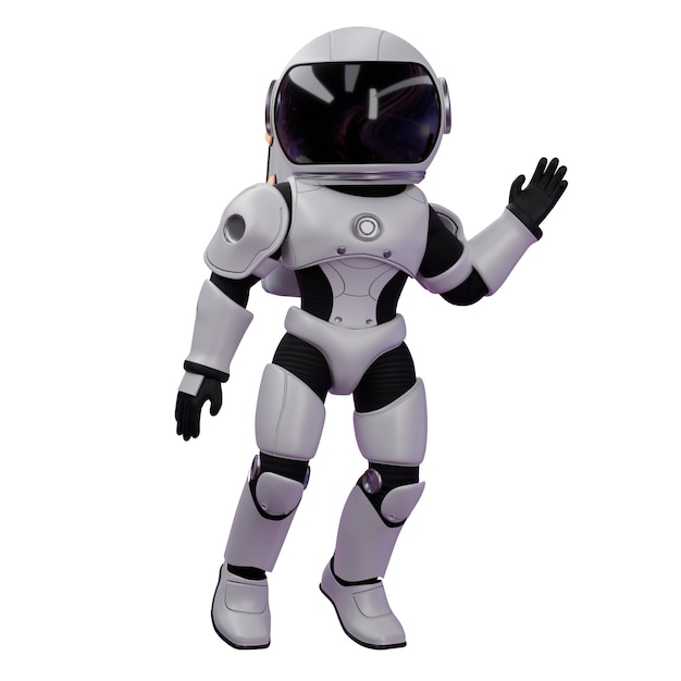 A chibi astronaut floats with his left hand waving expression greeting