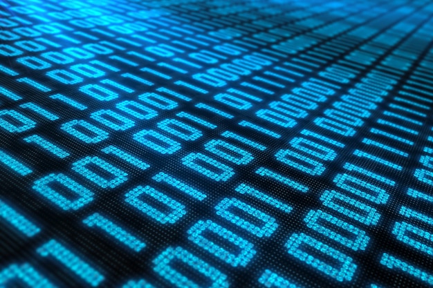 a close-up of a binary code made of ones and zeros in blue. 3d render.