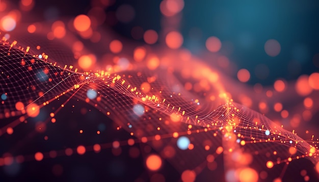 a close up of a spider web with orange lights