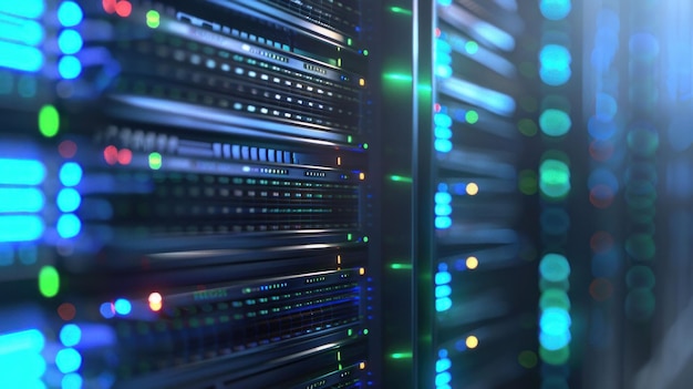 A close up view of server racks with glowing LED lights in a data center environment The scene features a modern and high tech aesthetic