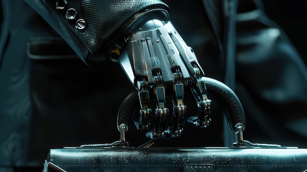 A closeup shot of a robot hand in a tailored suit and tie