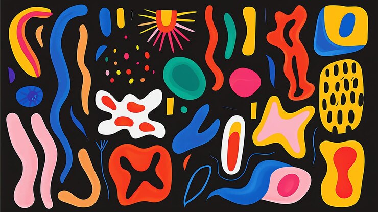 Photo a collection of abstract handdrawn shapes in bright colors on a black background