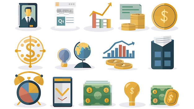 a collection of business icons including one that says financial services