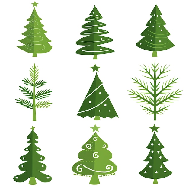 a collection of different christmas trees including one that has a green leaf on it
