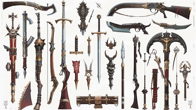 a collection of swords and weapons including one that has a sword on it