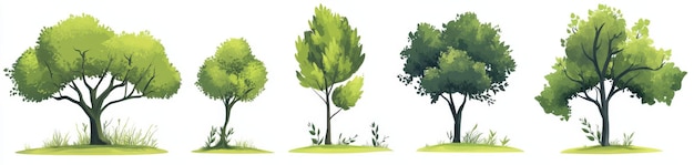A collection of trees with vibrant green leaves on a white background
