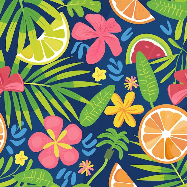 a colorful background with a variety of tropical flowers and oranges