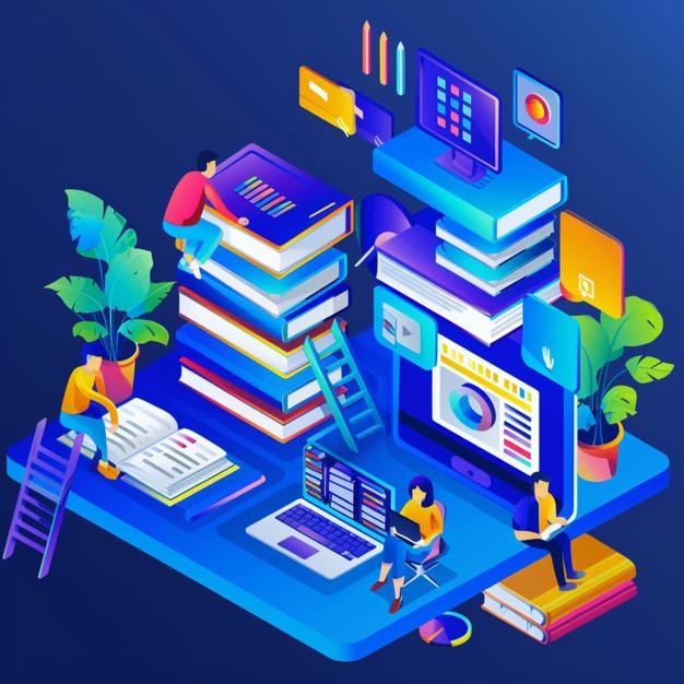 a colorful illustration of a book with a blue background with people working on a computer