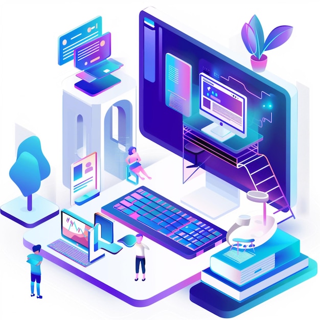 a colorful illustration of a computer and a monitor with a blue background