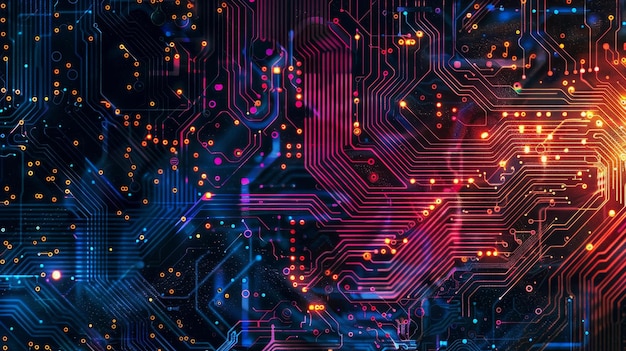 A colorful image of electronic circuits with a blue and purple background The image is full of brigh