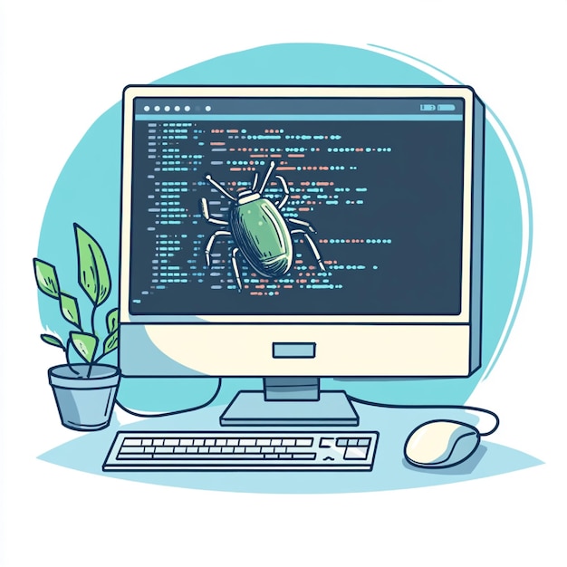 A computer displaying a bug in code with a programmer troubleshooting and debugging the issue