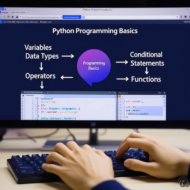 A computer screen shows a person typing on a keyboard and the text code