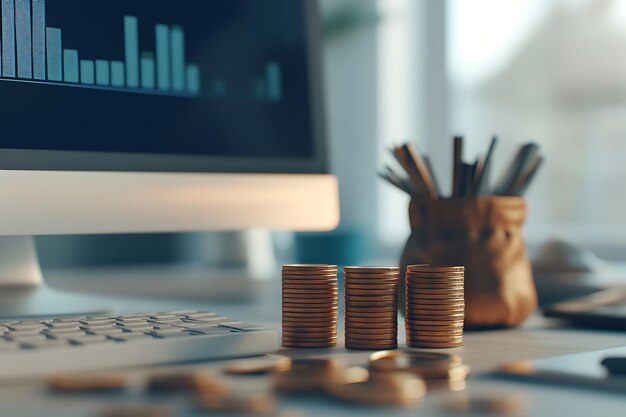 a computer screen with a graph of coins on it and a computer monitor with a graph on the screen