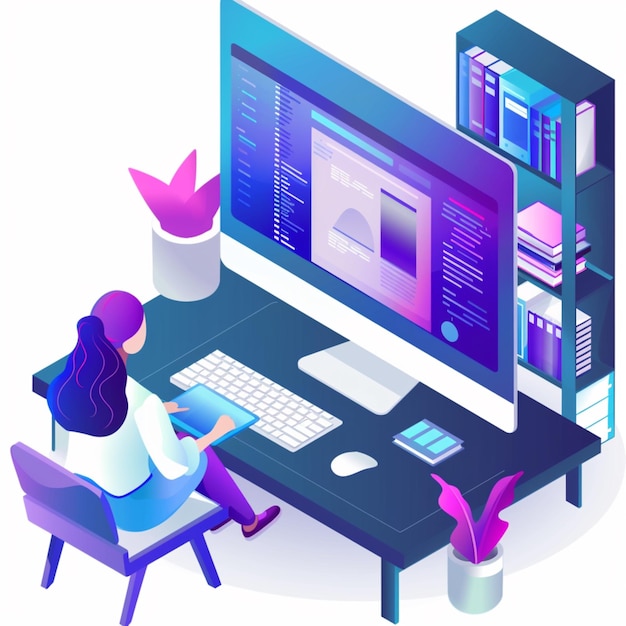 a computer screen with a woman sitting at a desk and a monitor with a flower in the corner