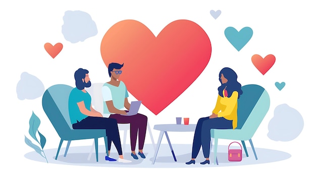 A couple is sitting in a therapists office The therapist is listening to the couples concerns The couple is looking at each other