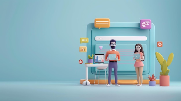 a couple of people are standing in front of a computer monitor