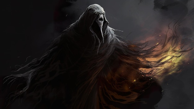 a dark image of a grim reaper with a burning fire in the background.