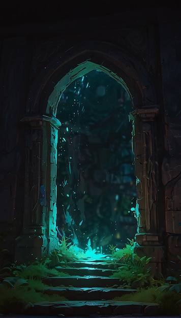 A dark mysterious doorway with a glowing green light shining through it