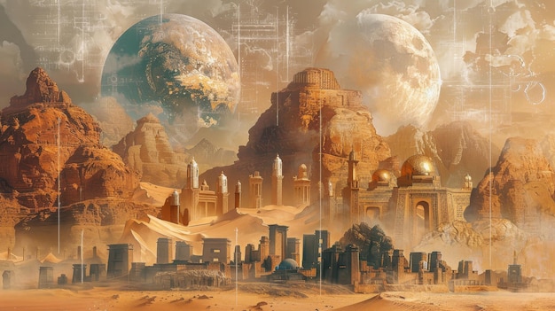 A desert landscape with two large planets in the background and a city in the foreground The city is