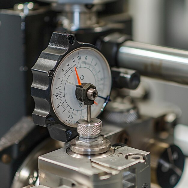 A detailed image of a dial indicator measuring a machine part