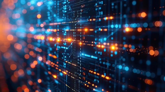 A detailed view of sophisticated network server racks with glowing data lines and nodes depicting the intricacies of modern data centers