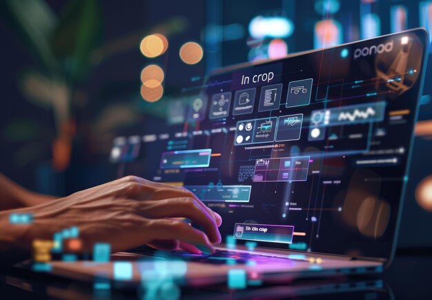 a digital designer is creating an online project management app with virtual touch pads displaying todo lists and progress in the background on a laptop screen