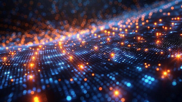 a digital display of a spider web with orange and blue lines