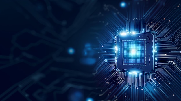 A digital illustration of an illuminated computer microchip on a dark blue background representing a