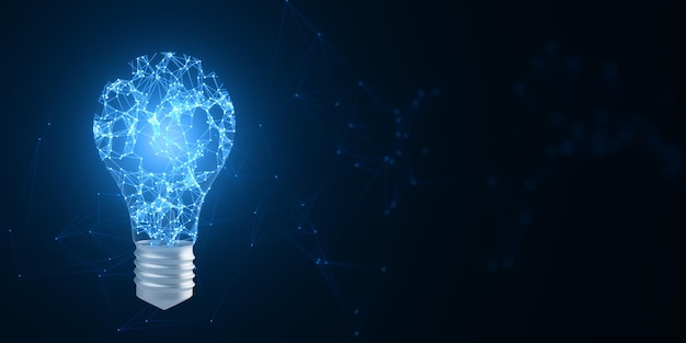 a digital light bulb with a network pattern displayed against a dark blue background symbolizing innovation and technology 3d rendering